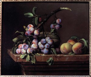 Ameixas, abóboras e pêssegos sobre um mármore Entablature Painting by Pierre Dupuis (1610-1682) 1650 Sun. 0,51x0,6 m
