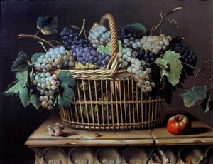 Natureza morta de um cacho de uvas em uma cesta Quadro de Pierre Dupuis
