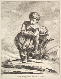Criança com um cachorro, segurando uma cesta de uvas, do Premier Livre de Figuras daprès les po ..., 1757.
