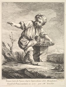 Frontispício com menino segurando uma cesta, do Premier Livre de Figuras daprès les po ..., 1757.