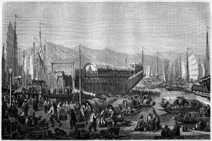 Boat des Fleurs, um restaurante e local de diversão no porto de Xangai em 1860, China. Gravura de Grandsire, em "Le Tour du Monde, Nouveau journal des Voyages", editado por Edouard Charton, Paris