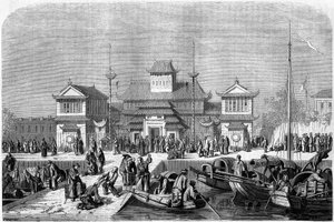 Vista da alfândega no porto de Xangai em 1860, China. Gravação de Grandsire, em "Le Tour du Monde, Nouveau journal des Voyages", editado por Edouard Charton, Paris