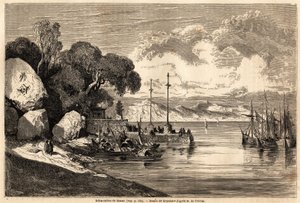O Barcadere de Macau, desenho de Grandsire para ilustrar a viagem à China e ao Japão, em 1857-1858, de M.de Moge. Gravura em "Le tour du monde, nouveau journal des voyages" Paris