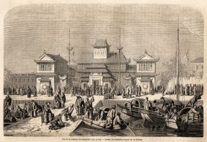 O Edifício da Alfândega de Xangai, desenho de Grandsire, para ilustrar a viagem à China e ao Japão, em 1857-1858, do Marquês de Moges. Gravura em "Le tour du monde, nouveau journal des voyages" Paris