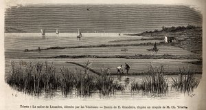 A salina da Lusandra, nos arredores de Trieste, destruída pelos venezianos que a viam como uma rivalidade perigosa ao monopólio que exerciam no Adriático, gravada por E. Grandsire ilustrando a viagem à Ístria e Dalmácia em 1874 por Charles Yria