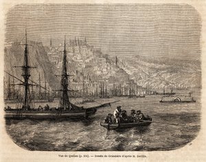 Vista do Quebec, desenho de Grandsire, para ilustrar as viagens à América do Norte em 1854-1855, de L. Deville. Gravura em "Le tour du monde", 1861. A coleção de Selva.