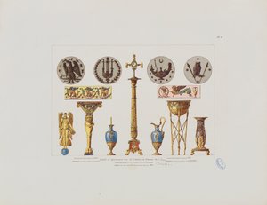 Detalhes e ornamentos do estúdio do pintor CI Isabey, de &39;Coleção de decorações de interiores, incluindo tudo relacionado a móveis&39;, publicado Paris, 1801