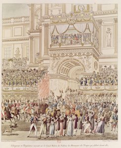 O Imperador e a Imperatriz Recebendo a Homenagem das Tropas Francesas da Varanda das Tulherias na Ocasião de seu Casamento, gravada por Charles Pierre Joseph Normand (1765-1840) (cor