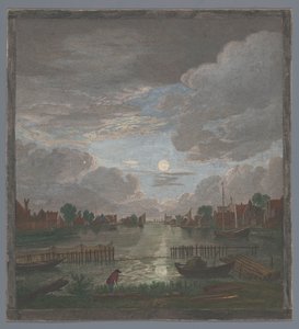 Vista de um canal perto da cidade de Haarlem ao luar Vûe du canal proche de Haerlem (título no objeto) de Pierre François Basan