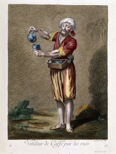 Vendedor de café pelas ruas, "Coleção de 100 gravuras representando diferentes nações do Levante em 1707 e 1708" por ordem de M. de Frriol, embaixador do rei no Porte e atualizado em 1712-13 pelos cuidados de M. Le Hay, gravador Basan, Par de Pierre François Basan