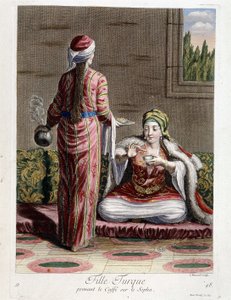 Menina turca tomando café na sopha, "Coleção de 100 gravuras representando diferentes nações do Levante em 1707 e 1708" por ordem de M. de Frriol, embaixador do rei no Porte e atualizado em 1712-13 pelos cuidados de M. Le Hay, Basan gra