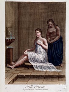 Menina turca a quem o cabelo é trançado no banho - em "Coleção de 100 estampas representando diferentes nações do Levante em 1707 e 1708" por ordem de M. de Frriol, embaixador do rei no Porte e atualizado em 1712-13 pelos cuidados de M. Le Hay,