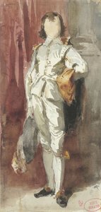 Rapaz de pé em traje Van Dyck, encostado a uma cortina vermelha