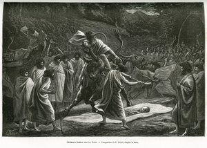 Uma cerimônia fúnebre para o Todas, uma pequena comunidade pastoral no planalto de Nilgiri (Sul da Índia), durante o funeral, o gado é sacrificado. Gravura de P. Fritel, para ilustrar as lembranças de uma viagem aos Nilgherries, de Madame Janssen, em 1