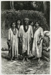 Os tipos Chefe Lacandon e Lacandon, maias que vivem nas selvas de Chiapas (México). Gravura de P. Fritel, para ilustrar a história "Viagem a Yucatan e à Terra de Lacandons", em 1882, de Desire Charnay (1828-1915) arqueólogo e fotógrafo