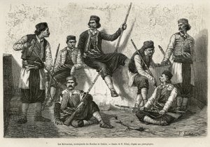 Os krivoscianos, montanhistas das Bouches de Cattaro (ou Kotor, baía na costa ocidental de Montenegro), armas para resistir à força de invasão das tropas austríacas. Gravura depois do desenho de P. Fritel, para ilustrar a viagem à Dalmácia, por C