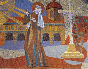 Grande plano de um mural, Basílica de Santa Teresa, Lisieux, Baixa-Normandia, França de Pierre Gaudin