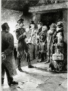 Um oficial alemão pede a Boulle de tallow em troca da liberdade de todos os passageiros que tenham sido presos na diligência. Em "Bola de Sebo" de Guy de Maupassant (1850-1893). Ilustração de P. G. Jeanniot (1848-1934). Publicado em Ollendorff i de Pierre Georges Jeanniot