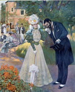 Belle epoque: "Hand sex": um homem a cumprimentar uma mulher numa recepção. Ilustração de Jeanniot para "Le Figaro illustrious" Início do século XX Paris, Artes Decorativas