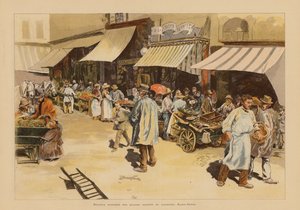 Os marchands de quatre saisons na Rue du Faubourg Saint-Denis, Paris (litografia a cores) de Pierre Georges Jeanniot
