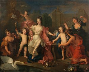 Espanhol:  María Adelaida de Saboya, duquesa de Borgoña con sus hijos A duquesa de Borgonha com os seus dois filhos, os duques da Bretanha e de Anjou (futuro Luís XV) de Pierre Gobert