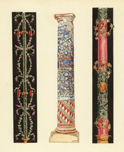 Velas decorativas no Quarto Estilo Pompeu (1,3) e coluna de mosaico de esmalte (2), Pompeia