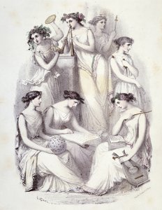 Génios do Olimpo - em "Les Femmes mythologiques", desenhos de G. Staal, de Mery e Cte Foelix, Ed. G. de Gouet de Pierre Gustave Eugene Staal
