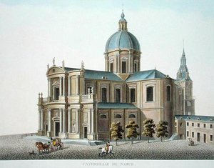 Catedral de Namur, de "Choix des Monuments, Edifices et Maisons les plus remarquables du Royaume des Pays-Bas" de Pierre Jacques Goetghebuer, publicado em 1827 (aquatint) de Pierre Jacques Goetghebuer