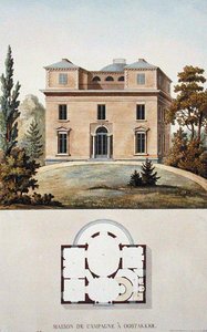 Country House at Oostakker, Bélgica, de "Choix des Monuments, Edifices et Maisons les plus remarquables du Royaume des Pays-Bas" de Pierre Jacques Goetghebuer, publicado em 1827 (aquatint) de Pierre Jacques Goetghebuer