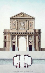 Gateway of Delft, Roterdão, de "Choix des Monuments, Edifices et Maisons les plus remarquables du Royaume des Pays-Bas" de Pierre Jacques Goetghebuer, publicado em 1827 (aquatint) de Pierre Jacques Goetghebuer