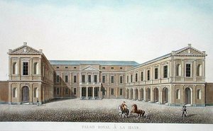 Palais Royal, Haia, de "Choix des Monuments, Edifices et Maisons les plus remarquables du Royaume des Pays-Bas" de Pierre Jacques Goetghebuer, publicado em 1827 (aquatint) de Pierre Jacques Goetghebuer