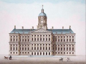 Palácio Real de Amesterdão, de "Choix des Monuments, Edifices et Maisons les plus remarquables du Royaume des Pays-Bas" de Pierre Jacques Goetghebuer, publicado em 1827 (aquatint) de Pierre Jacques Goetghebuer