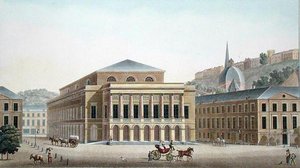 Teatro de Liège, de "Choix des Monuments, Edifices et Maisons les plus remarquables du Royaume des Pays-Bas" de Pierre Jacques Goetghebuer, gravado pelo autor, publicado em 1827 (aquatint) de Pierre Jacques Goetghebuer