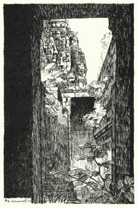 No Bayon, vislumbrar através de um telhado caído (gravura)