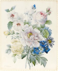 Um ramo de flores incluindo uma peônia, rosas, hibisco, ásteres, genciana e uma borboleta azul imaginária (grafite e wc com traços de goma arábica sobre grafite sobre velino)