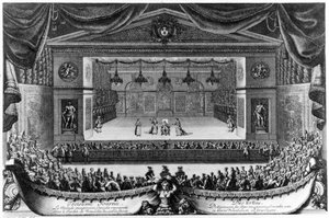 Terceiro Dia: Le Malade imaginaire (de Molière), comédia representada no Jardim de Versalhes em frente à Gruta em 1676, gravada por Pierre Lepautre (1660-1744)