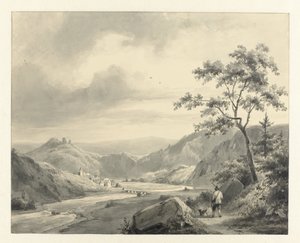 Paisagem montanhosa com caçador com cão em movimento de Pierre Louis Dubourcq