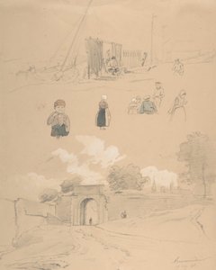 Folha de estudo com figuras e paisagens em Arnemuiden perto de Middelburg..., meados do século XIX.