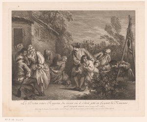 Ragotin gevlucht in een rozenstruik
O destino retira Ragotin do roseiral onde se tinha atirado enquanto fugia de Rancune, que acreditava estar morto
Scènes uit de Roman Comique van Scarron (título da série) de Pierre Louis Surugue