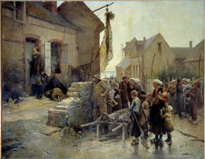 Regresso do Tempete Um marinheiro bate à porta de uma mulher pecadora que morreu numa tentação para lhe dar a notícia. Pintura de Pierre Marie Beyle (1838-1902) Fecamp do século XIX, Museu da Terra Nova de Pierre Marie Beyle