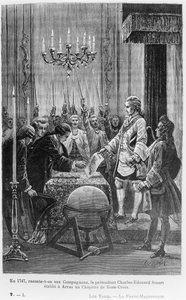 Em 1747, os Companheiros são informados, o pretendente Charles-Edward Stuart (1720-1788) estabeleceu um Capítulo da Rosa Cruz em Arras, ilustração de "A Maçonaria Livre" por Leo Taxil (bw p