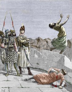 Ismaili sect of the east ou assassinos fundados por Hassan ibn al-Sabbah (1036-1124), conhecido como o velho da montanha," rep ordenando a dois dos seus fanáticos seguidores que se matassem, Alamut, Persia, por volta de 1096" (Nizari Ismailism: representaç