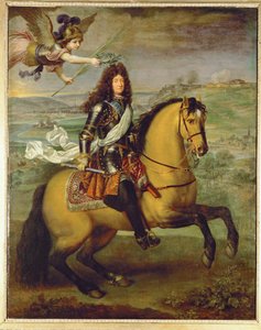 Luís XIV a cavalo, coroado pela vitória ... (pintura sobre tela) de Pierre Mignard