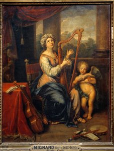 Santa Cecile cantando os louvores do Senhor A santa toca harpa e está rodeada de instrumentos. Pintura de Pierre Mignard (1612-1695) 1691 Sol. 0,74x0,56 m Paris, Musee du Louvre de Pierre Mignard