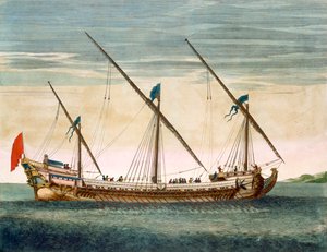 Um Galleass de três mastros em andamento a remo, de Le Naptune François, c.1693-1700 (gravura colorida à mão)