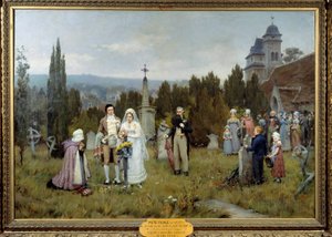 Cena de casamento subsidiária da Piete, as jovens noivas reúnem-se no túmulo do falecido pai de uma das jovens noivas. Pintura de Pierre Otin (1840-1899) do século XIX. Fecamp, centro de artes do museu de Pierre Outin