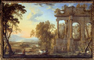 Paisagem com Ruínas e Pastores Pintura de Pierre Patel o Pere (1605-1676) Sol do século XVII. 0,53x0,83 m