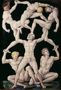 Placa com acrobatas, c.1550 (esmalte pintado sobre cobre) de Pierre Penicaud