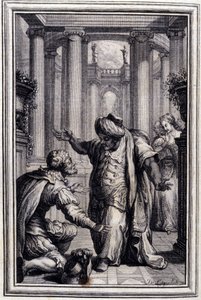 O pequeno Cão que atira dinheiro e pedras - em "Contos e contos em verso", de Jean La Fontaine. 1776. Ilustração de P.P. Choffard. de Pierre Philippe Choffard