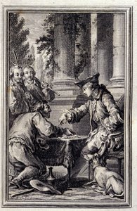 Conto de um camponês que ofendeu o seu Senhor - em "Contos e notícias em verso" de Jean La Fontaine. 1776. Ilustração de P.P. Choffard. de Pierre Philippe Choffard